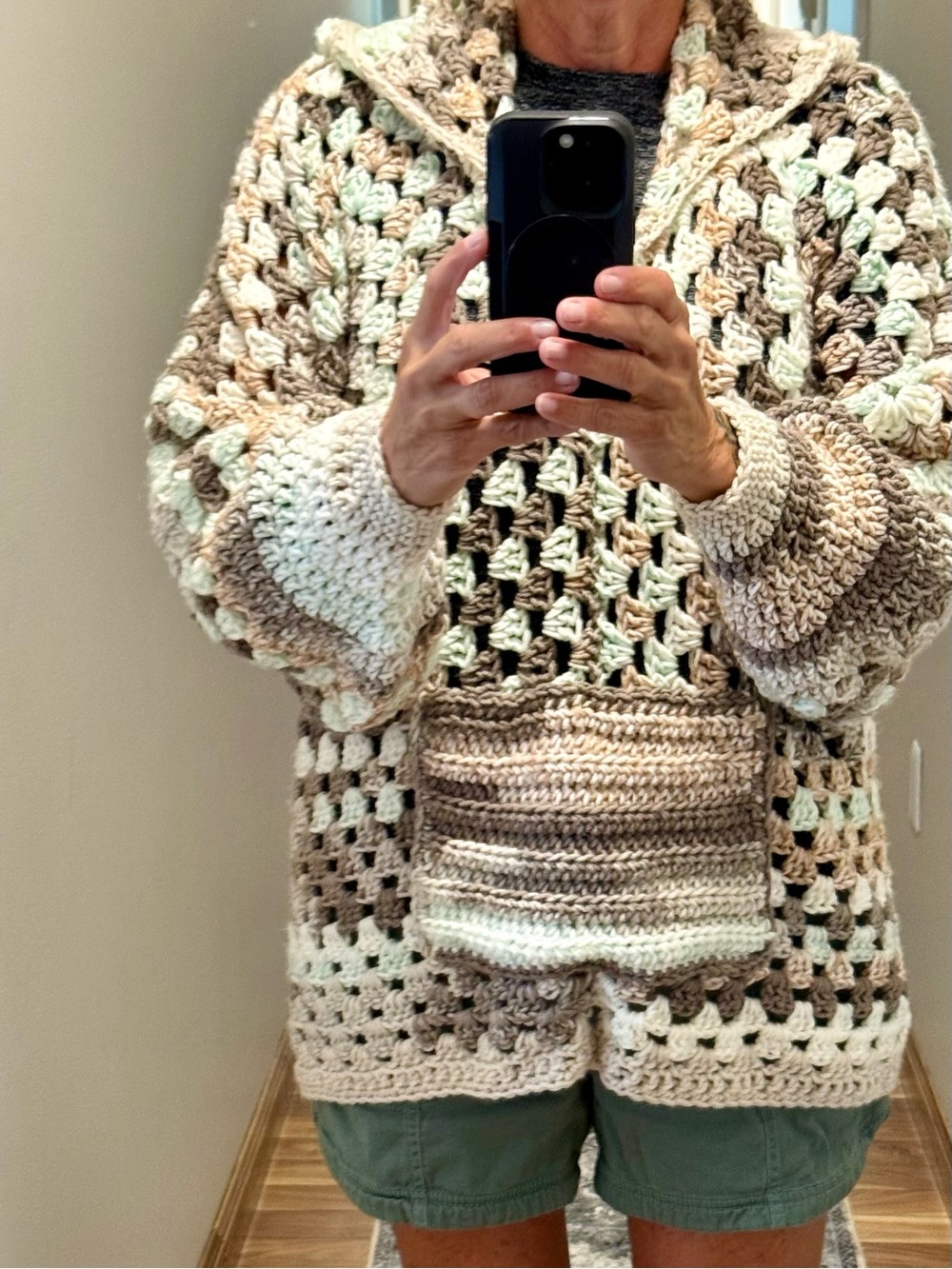 Chunky Crochet hexagon Hoodie Sweater - Cream & Brown Multi - Picture 5 of 6